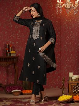 ISHIN - Black Ethnic Motifs Foil Print Poly Silk Kurta with Pant & Dupatta (Set of 3)