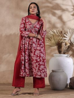 ISHIN - Brick Red Floral Print Straight Poly Silk Kurta with Palazzo & Dupatta (Set of 3)