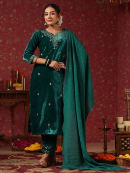 ISHIN - Velvet Ethnic Motifs Zari Green Straight Kurta with Pant & Dupatta (Set of 3)