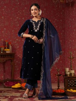 ISHIN - Velvet Embroidered Navy Blue Straight Kurta with Pant & Dupatta (Set of 3)