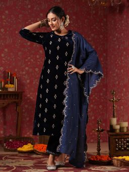 ISHIN - Velvet Embroidered Navy Blue Straight Kurta with Pant & Dupatta (Set of 3)