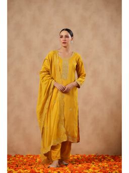 ISHIN - Poly Silk Ethnic Motifs Zari Mustard Straight Kurta with Pant & Dupatta (Set of 3)