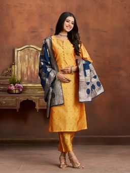 ISHIN - Yellow & Blue Ethnic Motifs Silk Blend Straight Kurta with Pant Dupatta (Set of 3)