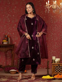 ISHIN - Velvet Self Design Zari Purple Straight Kurta with Pant & Dupatta (Set of 3)