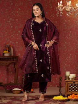 ISHIN - Velvet Self Design Zari Purple Straight Kurta with Pant & Dupatta (Set of 3)