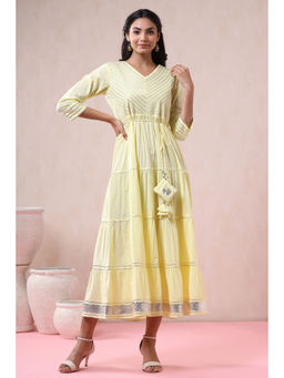 Juniper - Yellow Solid Pure Cotton Solid Tiered Maxi Dress with Gota Work Dori Tie-Up & Cushioned Tassels At Waist