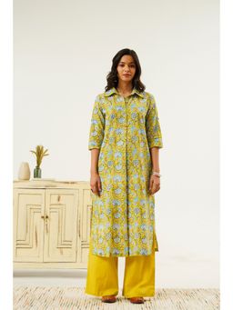 Indy Raaga - Saundarya Sanganeri Print Yellow Kurta with Pant (Set of 2)