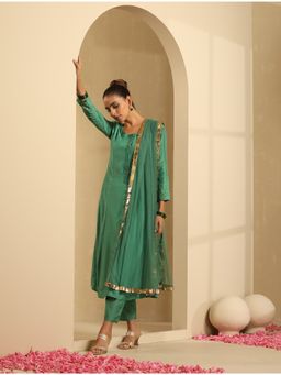 Indy Raaga - Muslin Silk Embroider Flair Green Kurta with Pant & Dupatta (Set of 3)
