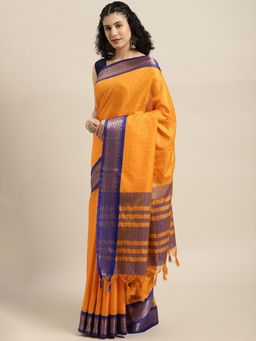 Vastranand - Mustard Checked Zari Pure Silk Gadwal Saree with Unstitched Blouse