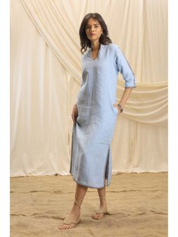 Akashi - A-Line Midi Dress With Slit - Blue