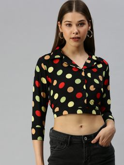 SHOWOFF - Women Shirt Collar Polka Dots Black Crop Top