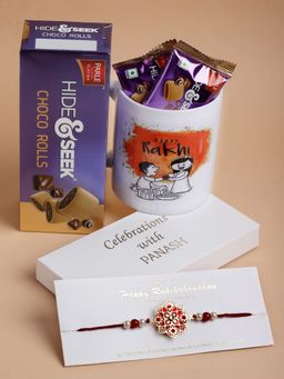 PANASH - Gold Plated Pearl Handcrafted Rakhi With Chocolate & Mug
