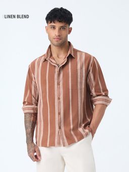 The Souled Store - Cotton Linen Stripes Redwood Mens Cotton Linen Shirt