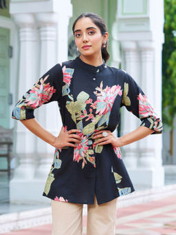 KAFTANIZE - Women Black Mandarin Neck Floral Tunic