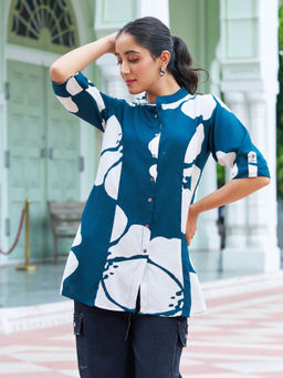 KAFTANIZE - Women Teal Mandarin Neck Floral Tunic
