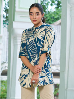 KAFTANIZE - Women Teal Mandarin Neck Floral Tunic