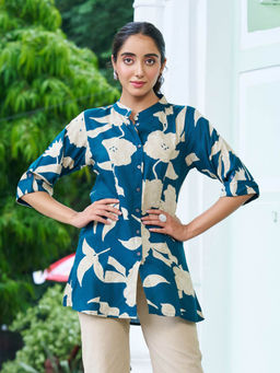 KAFTANIZE - Women Teal Mandarin Neck Floral Tunic