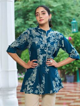 KAFTANIZE - Women Teal Mandarin Neck Floral Tunic