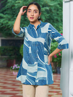 KAFTANIZE - Women Blue Mandarin Neck Floral Tunic