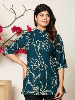 KAFTANIZE - Women Navy Blue Mandarin Neck Printed Tunic