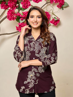 KAFTANIZE - Women Burgundy Collar Neck Floral Tunic