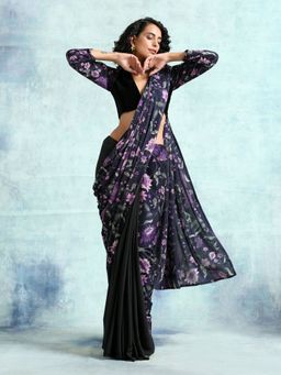 trueBrowns - Black Printed Velvet Ready To Wear Saree