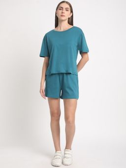 Bene Kleed - Women Teal Solid Pure Cotton T-Shirt with Shorts