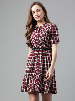 Latin Quarters - Women's Red Casual Check Dress with Belt