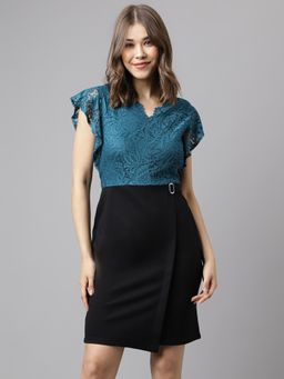 Latin Quarters - Women Teal Solid Bodycon V-Neck Dress