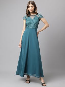 Latin Quarters - Women Teal Cap Sleeve Party Maxi Dress