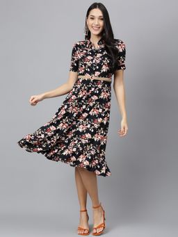 Latin Quarters - Women's Black Floral Printed Dress with Belt
