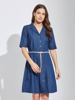 Latin Quarters - Women's Blue Casual Solid Dress with Belt