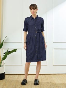 Latin Quarters - Women's Blue Casual Solid Dress with Belt