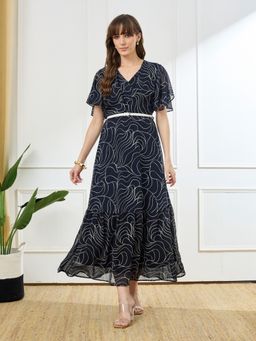 Latin Quarters - Women's Blue Casual Printed Dress with Belt