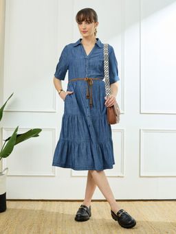 Latin Quarters - Women's Blue Casual Solid Dress with Belt