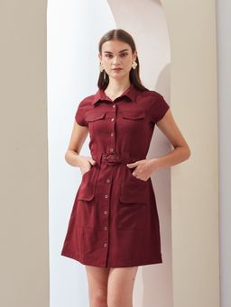 Latin Quarters - Women's Maroon Solid Dress with Belt