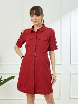 Latin Quarters - Women's Maroon Casual Solid Dress with Belt