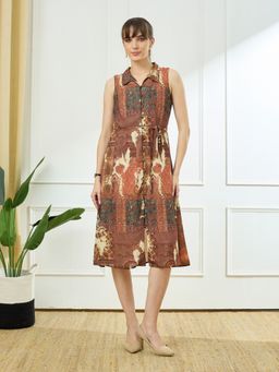 Latin Quarters - Women's Rust Sleeveless Collar Neck Casual Printed Dress