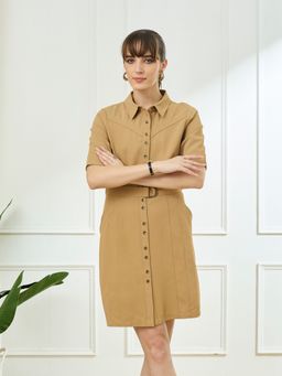 Latin Quarters - Women's Beige Casual Solid Dress with Belt