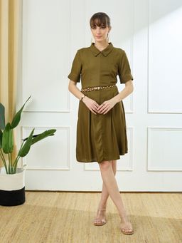 Latin Quarters - Women's Green Casual Solid Dress with Belt
