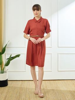 Latin Quarters - Women's Rust Casual Solid Dress with Belt
