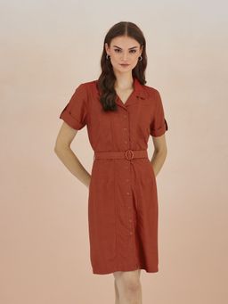 Latin Quarters - Women's Rust Casual Solid Dress with Belt