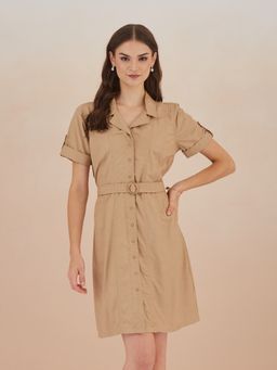 Latin Quarters - Women's Beige Casual Solid Dress with Belt