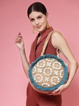 Anekaant - Sisal Beige and Turquoise Embellished Jute Tote Bag