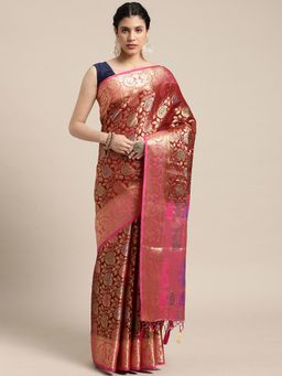 Mimosa - Women's Kanjivaram Art Silk Maroon Saree with Unstitched Blouse