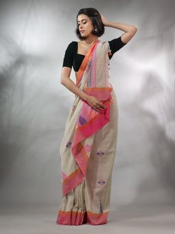 CHARUKRITI - Beige Cotton Handspun Handwoven Saree with Thread Work & Unstitched Blouse