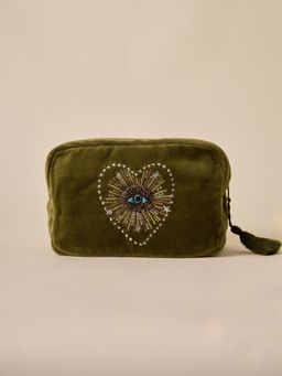 Amaara Home - Olive Green Evil Eye Makeup Pouch for Travel