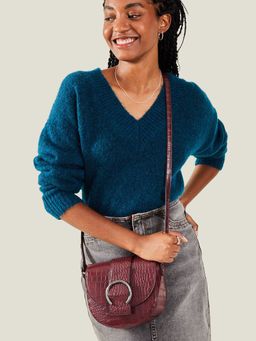 Accessorize London - Women's Maroon Faux Croc Ring Detail Saddle Bag