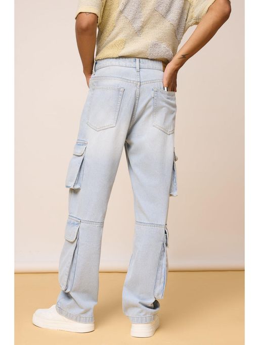 FREAKINS Frost Blue Men's Straight Utility Cargo Jeans