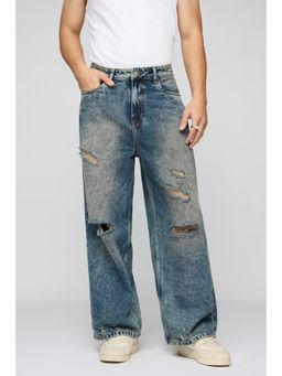 FREAKINS - Mid Blue Mayhem Ripped Men's Wide Leg Jeans